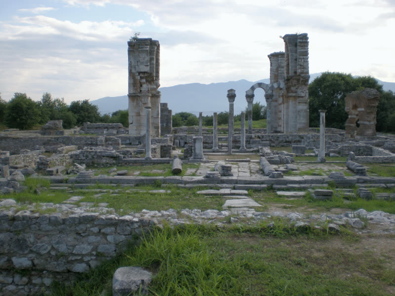 The forum of ancient Philippi with the standing piers of Basilica B behind
