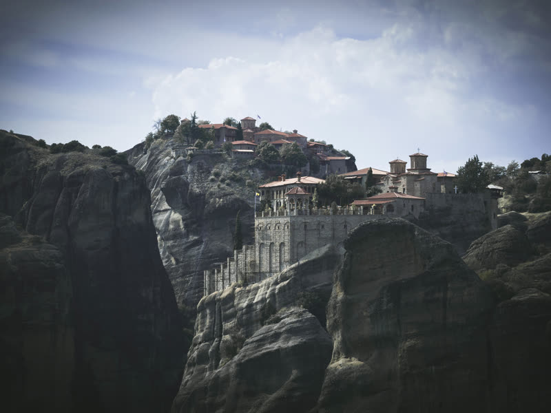The Great Meteoron and Varlaam monasteries standing on their rock pillars
