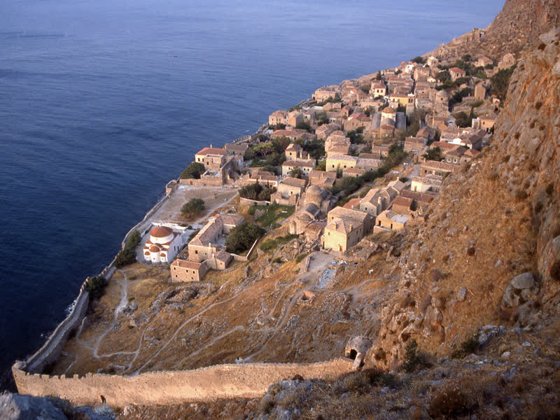 The medieval lower town of Monemvasia on its rock above the open sea