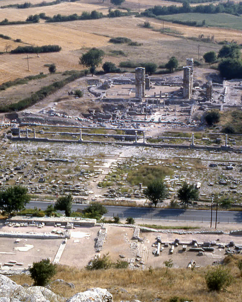 The excavated centre of Philippi from the acropolis, the Macedonian plain beyond
